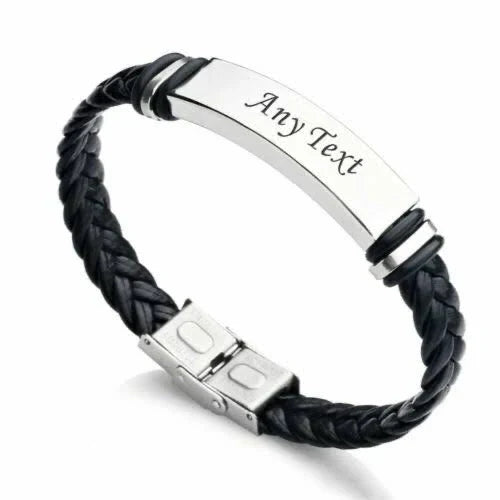 Men's Lather Bracelets Stainless Steel ID Bar Custom Name Date Logo Engrave Bangle & Bracelet Male Jewelry